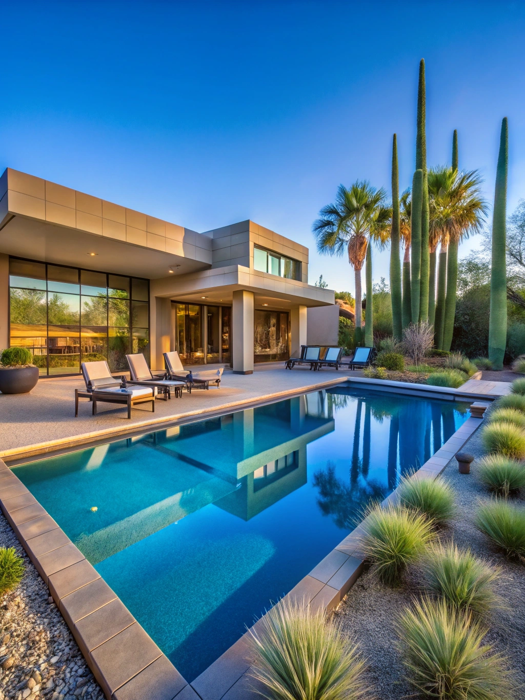 A blue shield pool service scottsdale client pool that shows a crystal blue pool with a desert oasis backyard