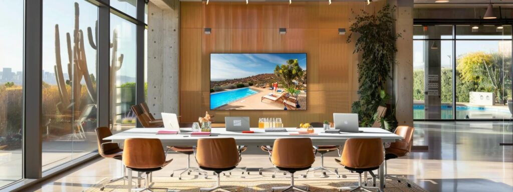 a modern office meeting space buzzes with activity as a group of pool owners, gathered around a sleek conference table, enthusiastically share their experiences and recommendations for reliable pool repair services, backed by vibrant digital screens showcasing social media reviews and testimonials.