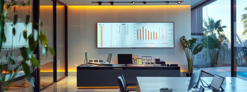 a modern office space features a sleek desk with a detailed infographic on pool repair costs in scottsdale, highlighting key financial insights and strategies for budgeting, illuminated by warm, focused overhead lighting.