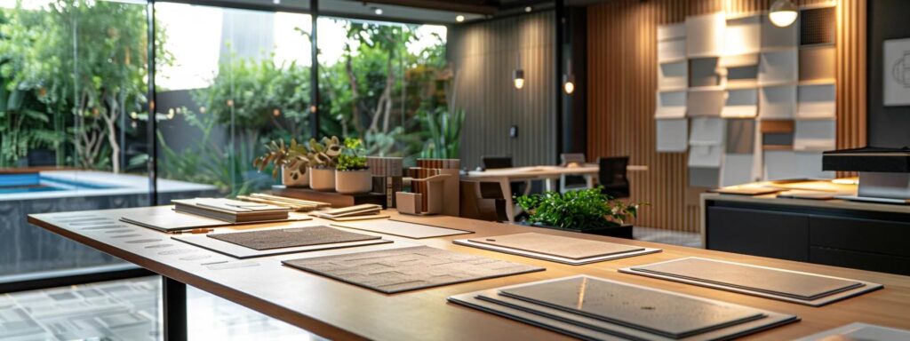 a modern, stylish office workspace is equipped with samples of various durable materials displayed on a sleek conference table, illuminated by bright overhead lights, showcasing the importance of material selection for pool repairs in a climate-conscious environment.