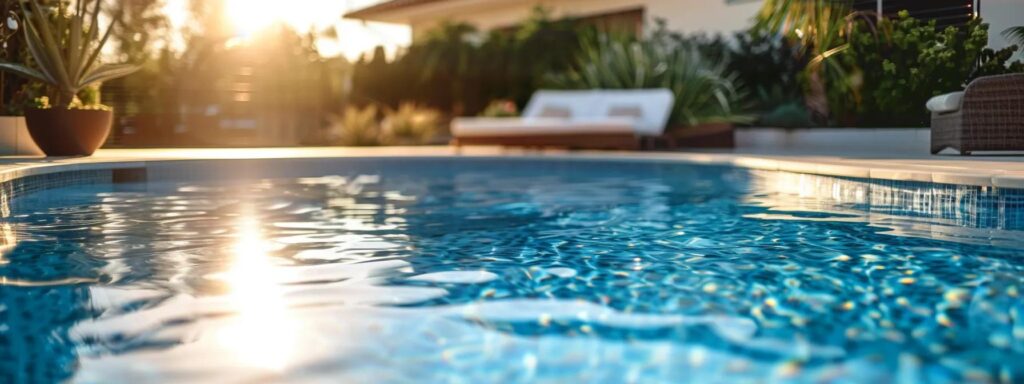 a modern, well-maintained backyard pool in scottsdale glistens under the bright sun, with a sparkling clean surface and efficient maintenance equipment neatly arranged nearby, emphasizing the economic benefits of routine upkeep for homeowners.