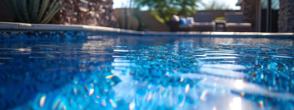 a polished scottsdale backyard features a sparkling blue pool with a professional pool maintenance technician expertly handling equipment against a stylish modern home backdrop, capturing the essence of reliable weekly service and care.