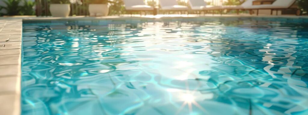 a pristine, glistening swimming pool surrounded by an inviting, modern outdoor patio, with clear blue water reflecting the sunshine, conveying a sense of health, safety, and relaxation for family and friends.