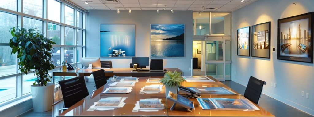 a professional pool service consultation takes place in a sleek, modern office, featuring a clean table with brochures and samples showcasing advanced leak detection technology and seasonal maintenance strategies, all bathed in sharp, focused lighting that conveys expertise and trust.