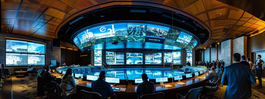 a sharply focused conference room filled with professionals engaged in a detailed discussion, surrounded by digital screens displaying pool maintenance metrics and data relevant to scottsdale's unique environmental challenges.