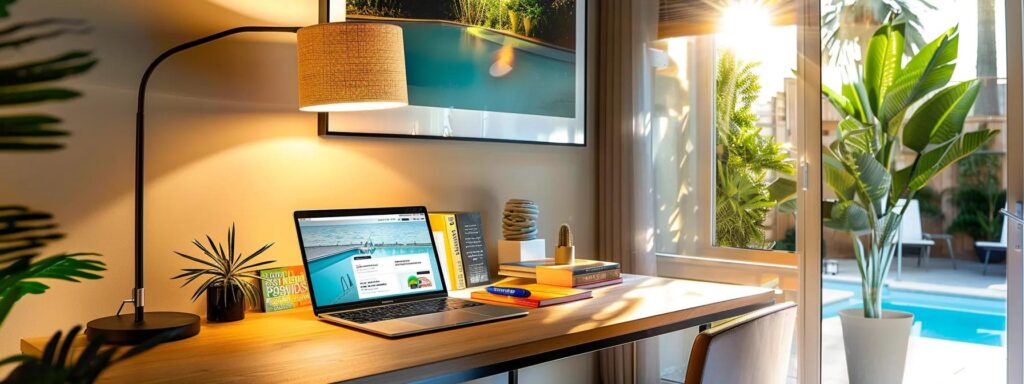 a sleek, modern home office with a polished desk, a prominently displayed laptop showing a pool service search website, and colorful brochures about local pool care options scattered artfully around, all illuminated by bright, focused overhead lighting.