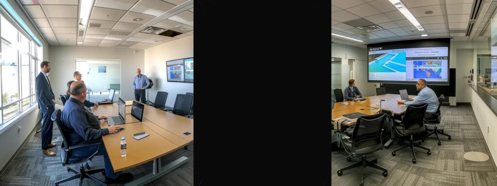 a sleek, modern office conference room showcases a digital presentation on common pool problems, with a vibrant infographic filled with repair techniques displayed prominently on a large screen, and attentive professionals engaged in discussion around a polished table.