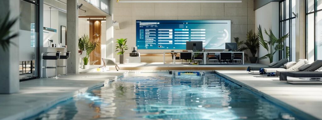 a sleek, modern office interior showcases a professional pool repair consultant engaging with a client over detailed service assessments, highlighted by crisp charts and repair equipment in the background, emphasizing the theme of quality evaluation in pool maintenance services.