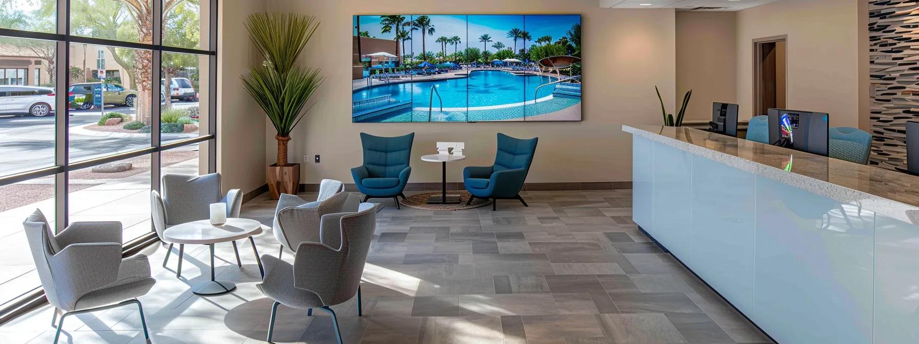 a sleek, modern office reception area in scottsdale showcases a vibrant digital display featuring various pool service options, with professional staff engaging warmly with clients in a polished, inviting environment.