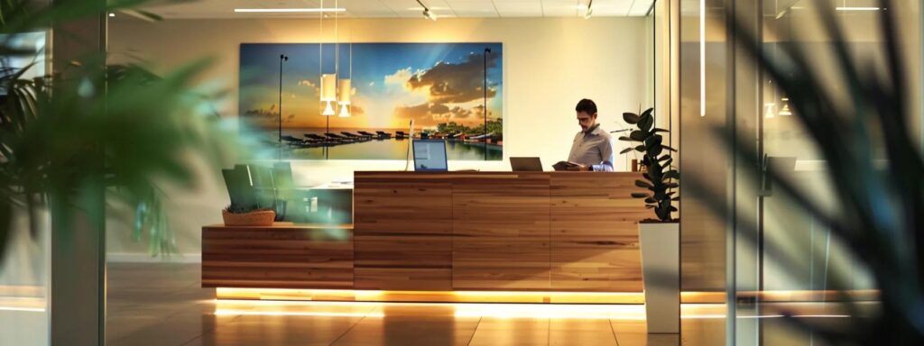 a sleek, modern office setting features a confident individual perusing a digital tablet, surrounded by visually appealing brochures of various scottsdale pool service providers, symbolizing the meticulous process of selecting the ideal service.