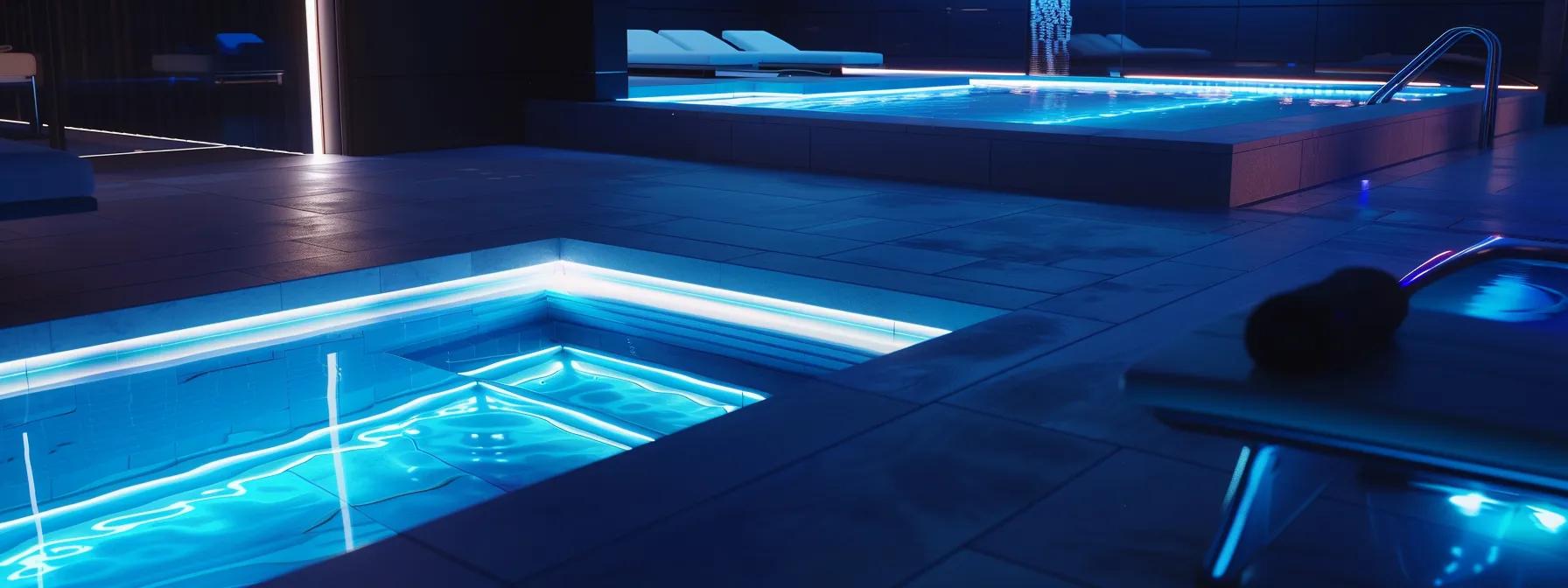 a sleek, modern outdoor pool area glistens under bright, artificial lighting, showcasing pristine blue water and vibrant pool equipment, emphasizing the importance of weekly maintenance for aesthetic appeal and cleanliness.
