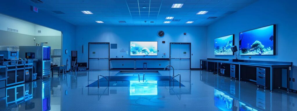 a sleek, modern pool maintenance office in scottsdale, featuring a professional team reviewing equipment and water treatment strategies on digital screens, illuminated by bright fluorescent lighting that emphasizes the sharp, clean lines of the workspace.