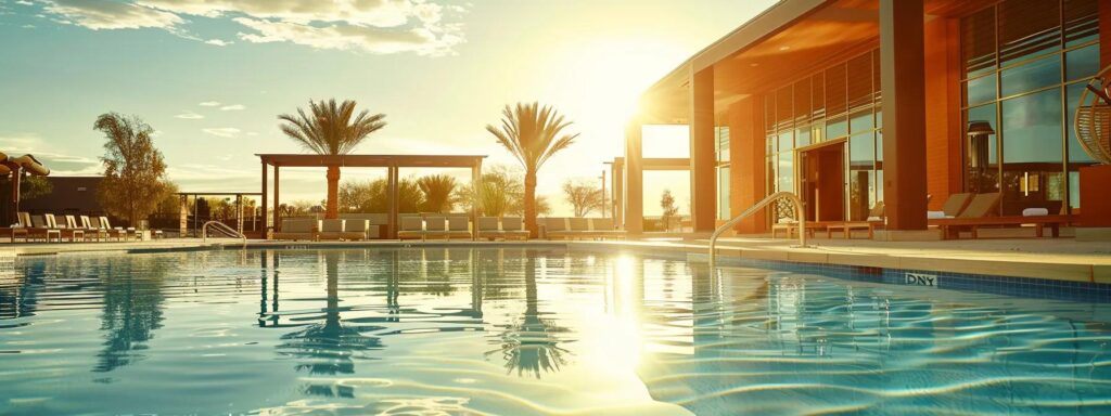 a sleek, modern poolside with crystal-clear water glimmering in the sunlight, adorned with high-tech maintenance equipment and professional tools ready for a complete pool service, showcasing the expertise of a premier scottsdale pool company.