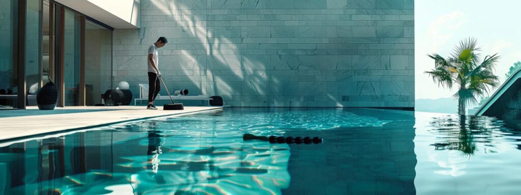a sleek, modern poolside with a technician expertly conducting routine maintenance, surrounded by sparkling, crystal-clear water and neatly arranged cleaning equipment.