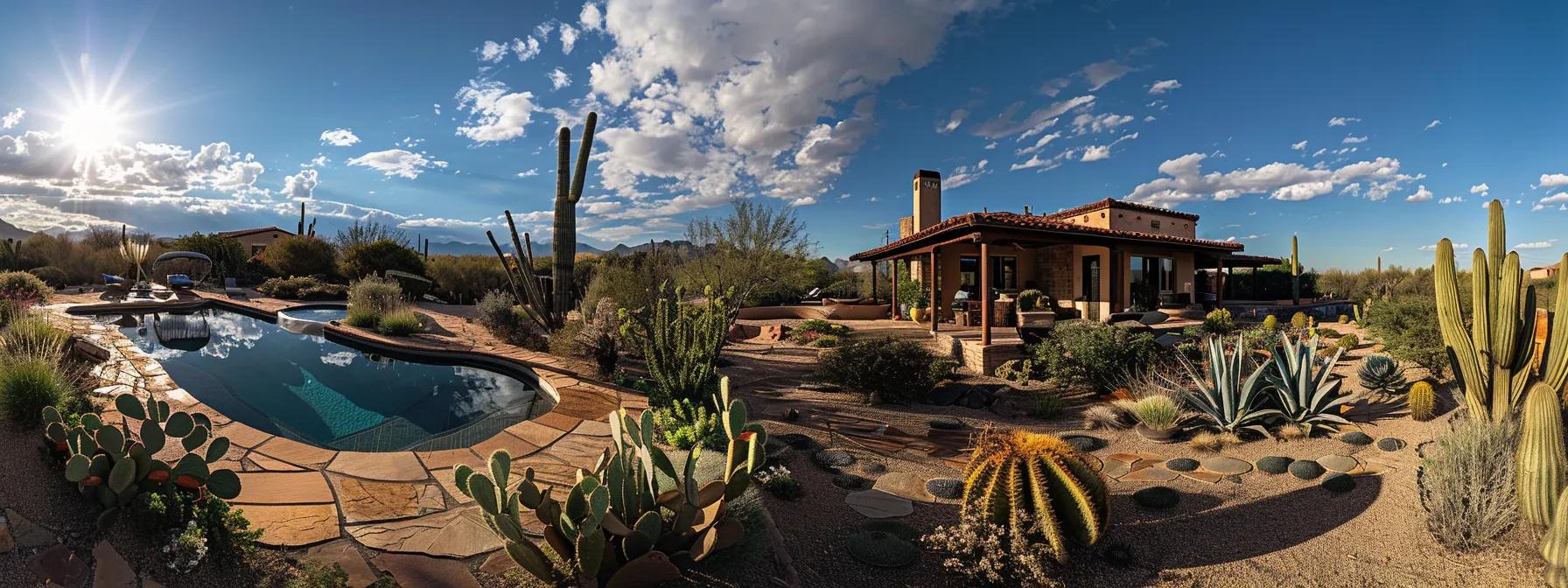 a sleek scottsdale home features a beautifully restored pool glistening under the warm afternoon sun, showcasing expert craftsmanship and inviting relaxation with crystal-clear water and immaculate surroundings.