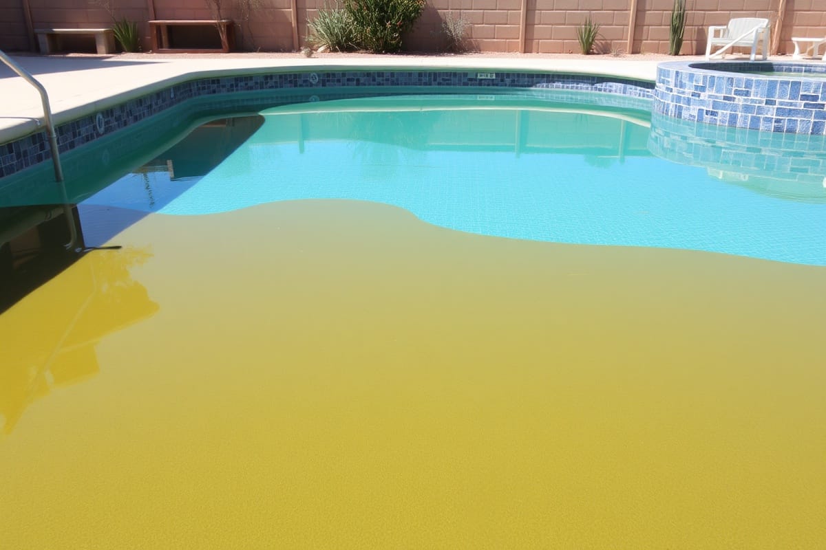 Murky pool water from recurring algae after Arizona dust storms and summer heat