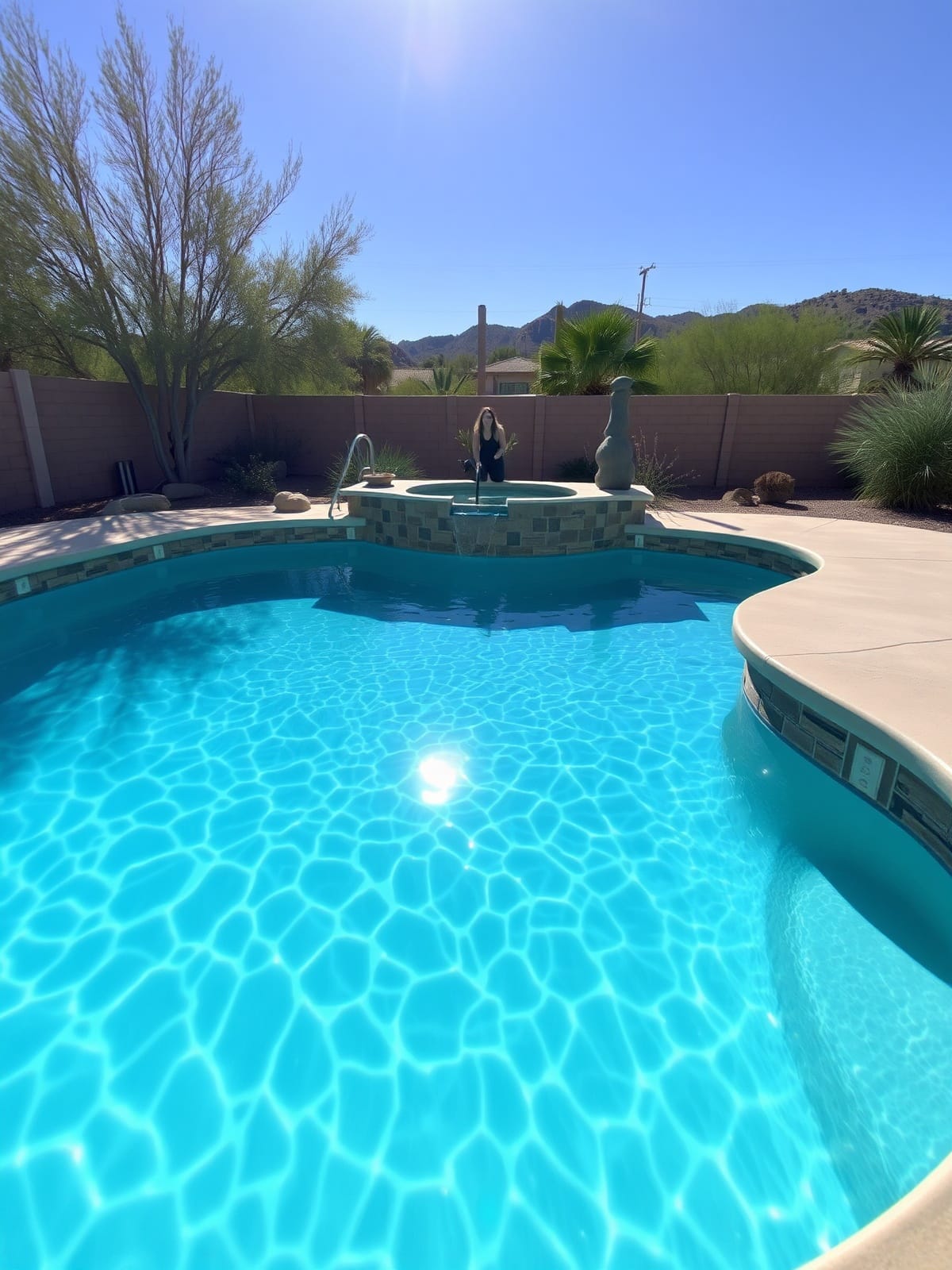 technician performing weekly pool service in Scottsdale backyard