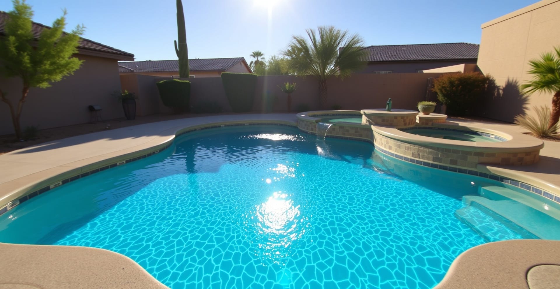 Clean, sparkling residential pool under Scottsdale sun with no algae in sight